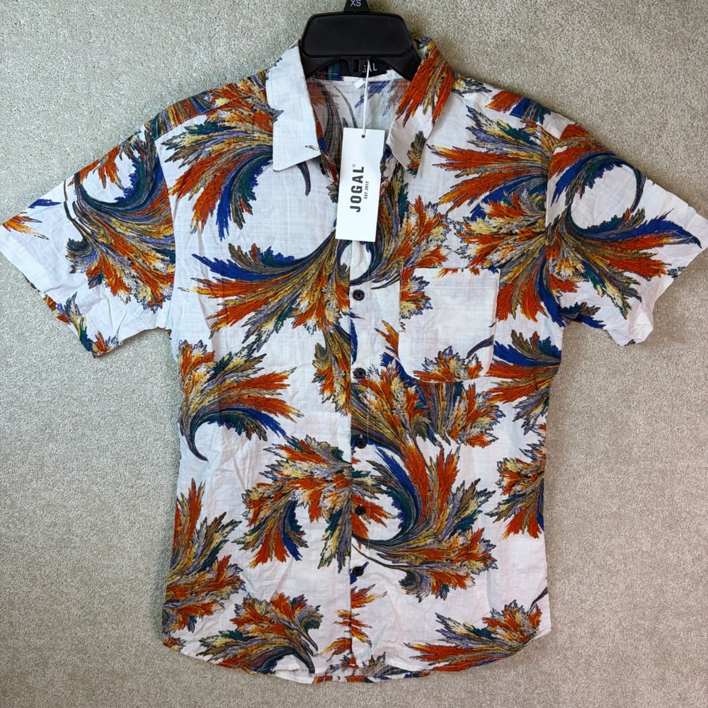 JOGAL Button Down Shirt Mens Small White Multicolor Abstract Feather Print NEW